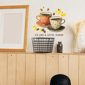 Coffee theme wall sticker featuring latte cups and beans on a clean white interior wall