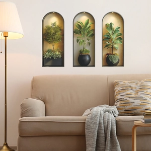 Modern 3D green potted plant wall stickers set with arch niche design for living room