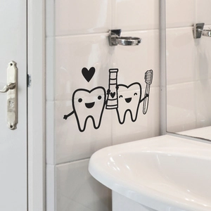 Stickers muraux dents de dessin animé avec brosse à dents pour déco de salle de bain