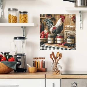 Country rooster and fruit jam jars on checkered background kitchen dishwasher sticker decal