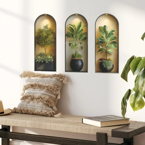 Three-piece arched wall art with green plants and built-in LED spotlights for home decor