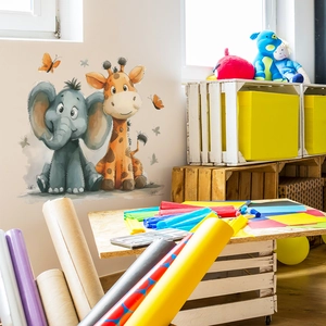 Cartoon elephant and giraffe wall stickers in watercolor style for children's bedroom decor