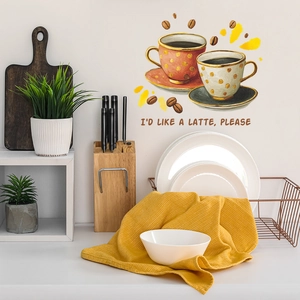 Artistic coffee wall decal with cups, beans, and latte quote for kitchen home decor