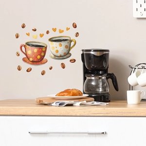 Adesivi murali tazze da caffè con chicchi e cuori per decorazione cucina e caffè