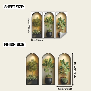 Detail showing dimensions of three 3D potted plant wall stickers in arched wall niches