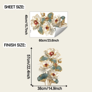 Detailed sheet and finish size dimensions for the lotus flower wall sticker