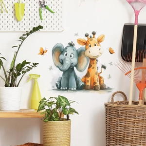 Cartoon elephant and giraffe wall stickers in watercolor style for kids bedroom decor