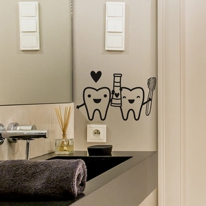 Stickers muraux dents de dessin animé avec cœurs pour décoration murale de salle de bain