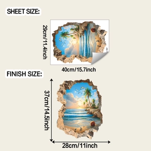 Detail view of 3D beach wall sticker showing sheet size and finish size dimensions
