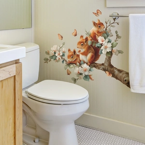 Adhesive wall sticker with squirrels on flowering branches for living room wall decor