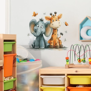 Cartoon elephant and giraffe wall decal for children's bedroom decor with warm hand-drawn style