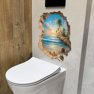 3D wall sticker with tropical beach sunset view featuring coconut trees and sea waves