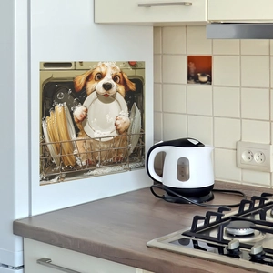 Waterproof dishwasher magnet sticker with cute golden retriever illustration for kitchen decor