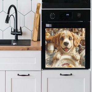 Funny golden puppy washing dishes decal for kitchen dishwasher and oven home decoration