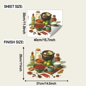 Detail showing dimensions of kitchen wall stickers with chili and lime spices illustrations
