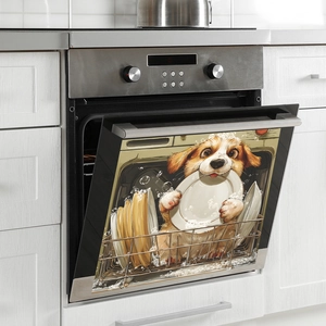 Funny dog in dishwasher magnetic cover for kitchen decor with bubbles and dishes