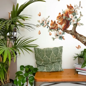 Squirrel on pear blossom branch wall stickers with orange butterflies for home decor