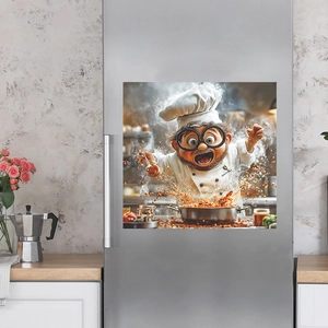 Funny 3D cartoon chef dishwasher sticker on a modern stainless steel refrigerator