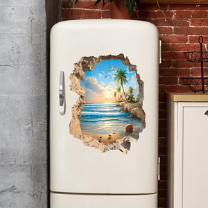 3D realistic ocean sunset wall sticker with palm trees on a vintage white refrigerator