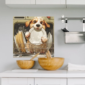 Cute puppy dog dishwasher magnet cover decal in cozy kitchen setting decor sticker