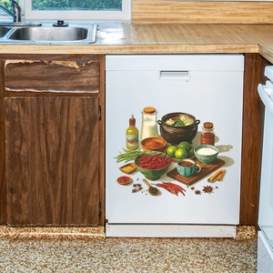 Kitchen dishwasher magnet cover with vibrant food illustrations for home decor