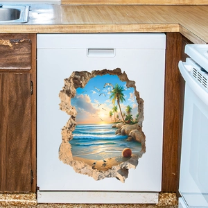 3D ocean sunset wall sticker on white dishwasher in kitchen with palm trees and waves