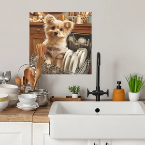 Self-adhesive dishwasher sticker featuring a cute puppy in a sweater for kitchen decor