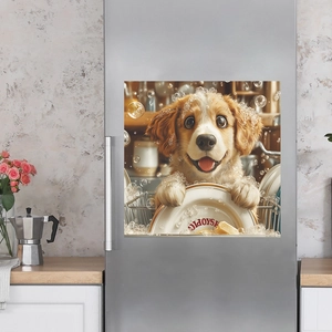 Cute dog washing dishes magnet sticker on a modern stainless steel refrigerator