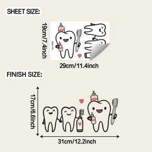 Detailed sheet size and finish dimensions for cartoon tooth wall stickers