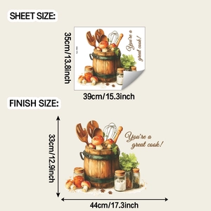 Sheet and finish size dimensions for kitchen barrel and mushroom wall decals