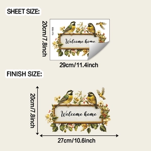 Detailed sheet and finish size dimensions of the Welcome Home floral bird wall sticker