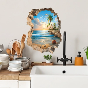 3D hole wall sticker featuring a tropical beach sunset with palm trees and waves