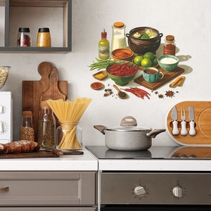 Creative kitchen wall stickers with realistic food elements like stew pot and spices