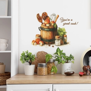 Kitchen wall sticker featuring a vintage wooden barrel and 'You're a great cook!' text