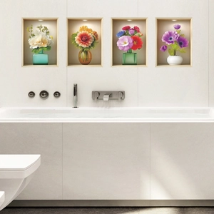 3D Wandaufkleber Set mit bunten Blumenvasen für moderne Wohnzimmer und Badezimmer Wand