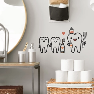 Cartoon tooth wall stickers with toothbrush and heart for bathroom home decor