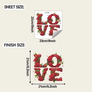 Detailed sheet size and finish size specifications for the red rose LOVE wall sticker