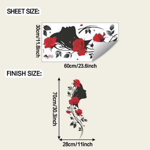 Detail showing sheet and finish dimensions for rose and female silhouette wall decal