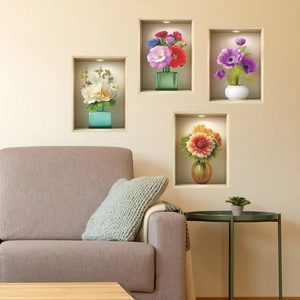 3D realistische Blumenvasen-Wandaufkleber 4er-Set für Wohnzimmer Wanddekoration
