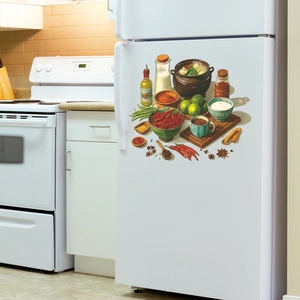 Kitchen wall stickers featuring spices and cookware on a white refrigerator door
