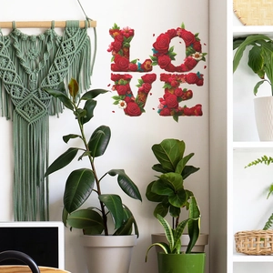 Self-adhesive red rose LOVE wall sticker with 3D floral letters for bedroom decoration