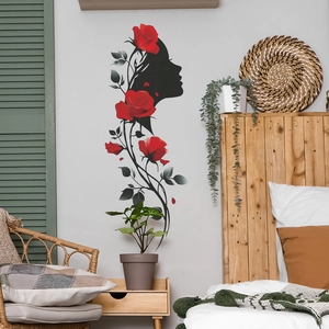 Artistic wall sticker featuring female silhouette with red roses for home wall decor