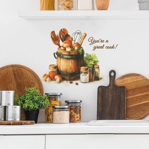Creative kitchen wall sticker with wooden barrel, utensils, and mushrooms for home decor