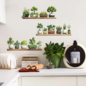 Stickers muraux de plantes en pot avec étagères en bois pour décoration intérieure