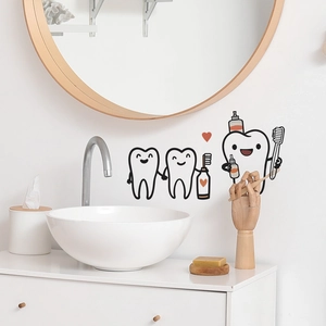 Cartoon tooth wall stickers with toothbrush and toothpaste for bathroom wall decor