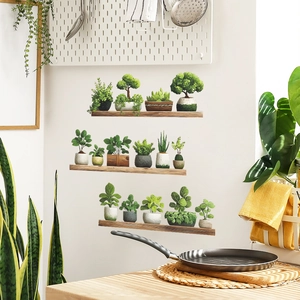 Stickers muraux de plantes en pot avec étagère en bois pour décoration intérieure