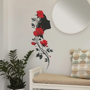 Artistic wall sticker featuring a woman's silhouette with red roses for home decor