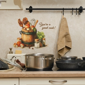 Creative rustic wooden barrel kitchen wall stickers with mushrooms and cookware