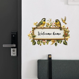 Floral Welcome Home wall sticker with birds and wooden sign for home door decor