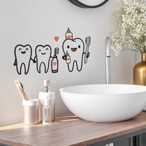 Cute cartoon tooth wall stickers with toothbrush for creative bathroom wall decoration